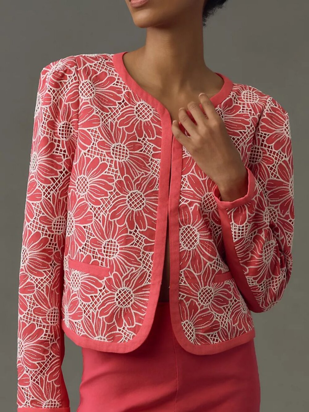 Anthropologie DOLAN Linen Floral Cutwork Jacket Pink M